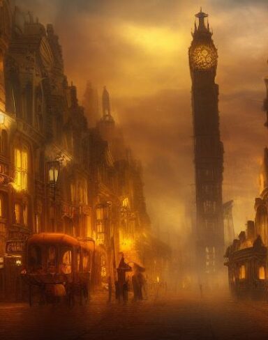 A painting of a city with a clock tower