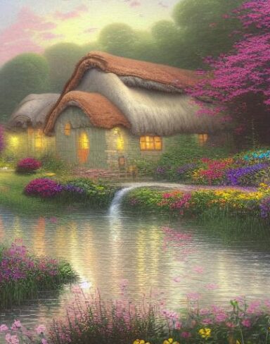 A painting of a cottage with a river and flowers