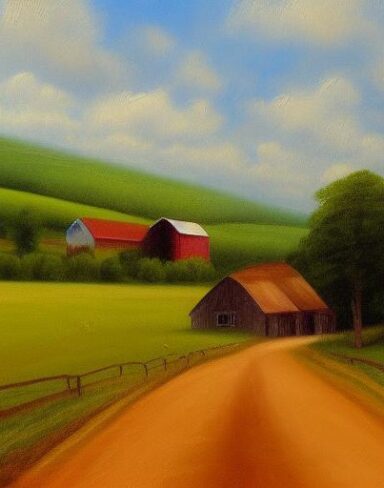 A painting of a country road with a farm