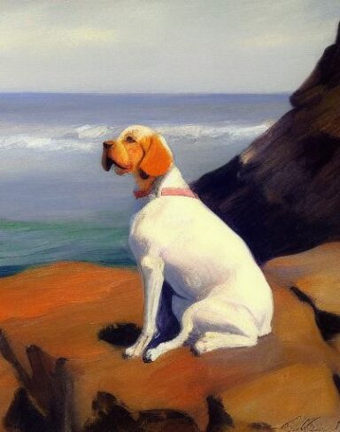 A painting of a dog sitting on a rock by the ocean