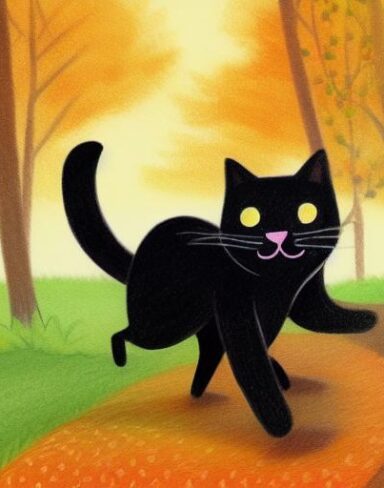 A painting of a giant black cat running in the autumn forest
