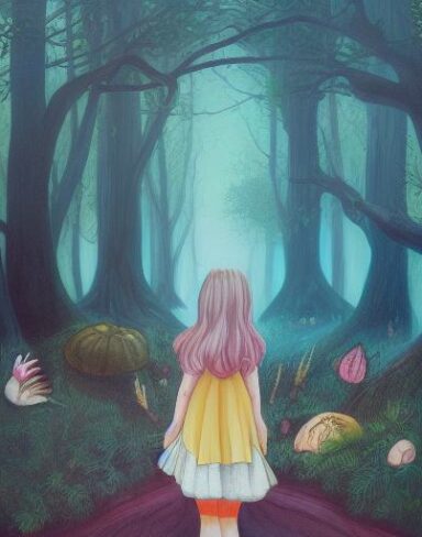 A painting of a girl standing in a forest