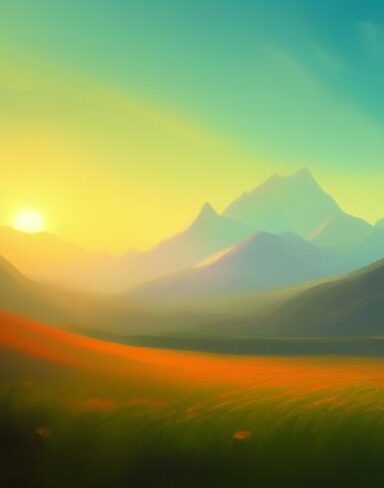 A painting of a green field with mountains under an orange sky