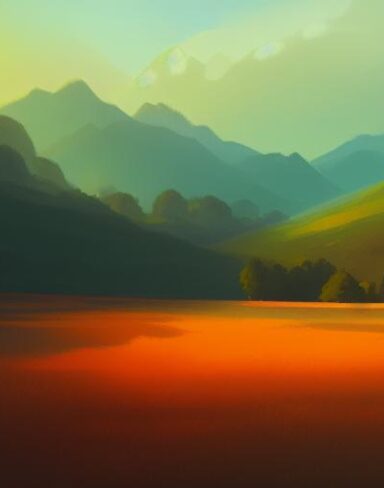 A painting of a green field with mountains under an orange sky
