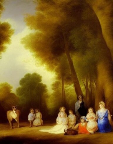 A painting of a group of family in the forest by Francisco de Holanda