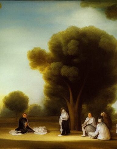 A painting of a group of people resting with trees by Francisco de Holanda