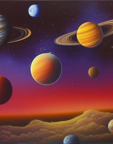 A painting of a group of planets in space