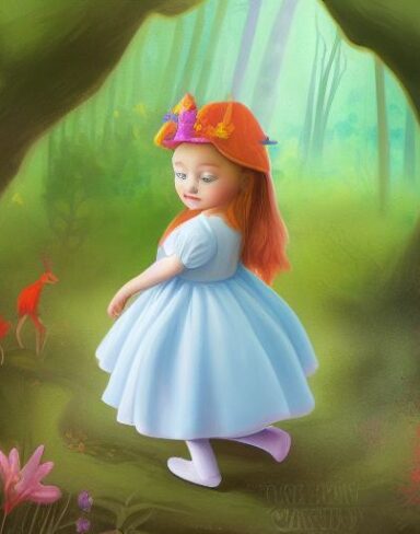 A painting of a little girl standing in a forest