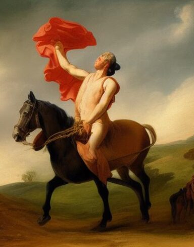 A painting of a man riding on the back of a horse in the village