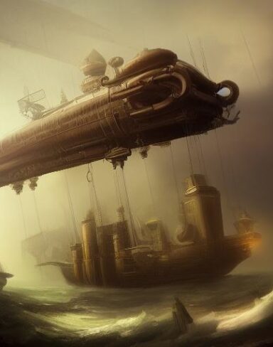 A painting of a man with a giant ship