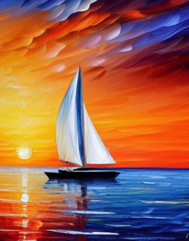 A painting of a sailboat at sunset