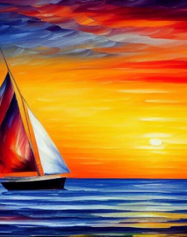 A painting of a sailboat at sunset with the sea