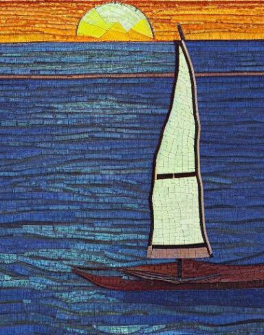 A painting of a sailboat on a body of water