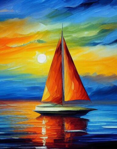 A painting of a sailboat with orange and blue sunset