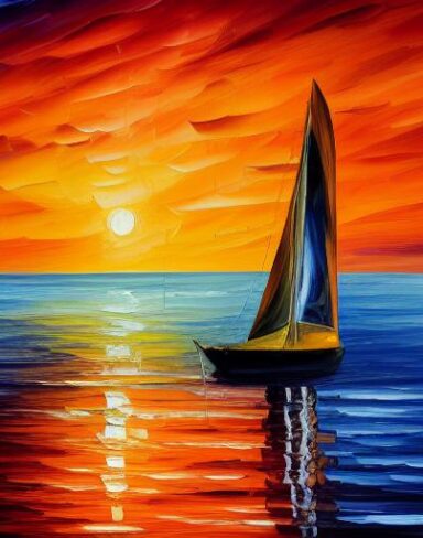 A painting of a sailboat with orange sunset in the sea