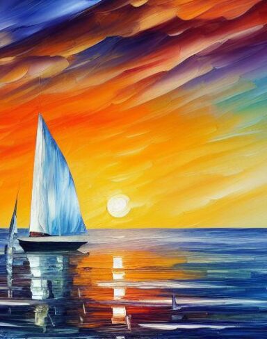A painting of a sailboat with sunset and sea