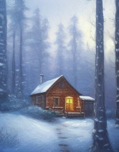 A painting of a small house in a snowy forest