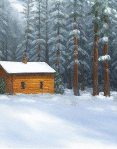 A painting of a small house in a snowy forest with trees