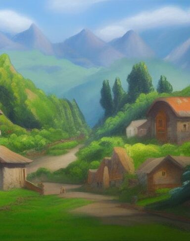 A painting of a small village in the mountains