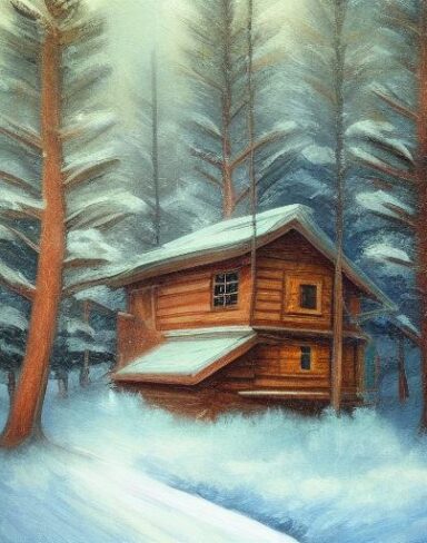 A painting of a small wooden house in a snowy forest