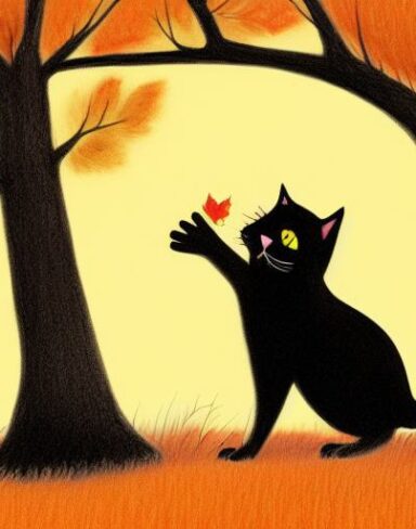 A painting of a smiling black cat climbing up a tree in the autumn forest