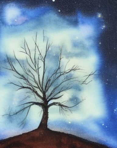 A painting of a tree in the night galaxy sky