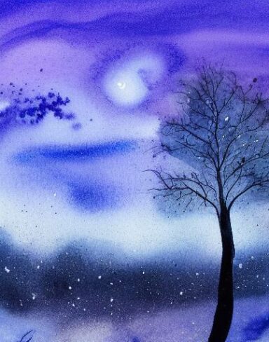 A painting of a tree in the night sky