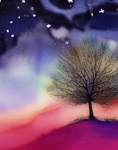 A painting of a tree in the sky at night