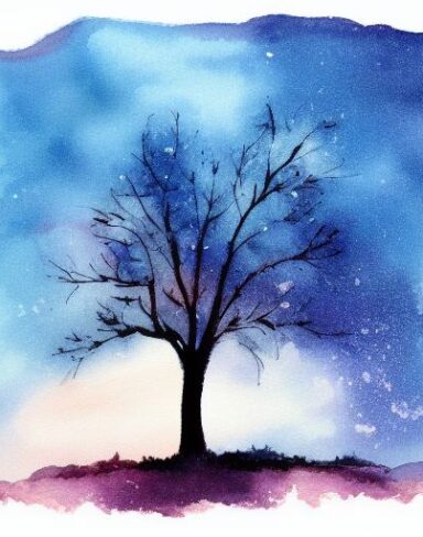 A painting of a tree silhouette in the night sky