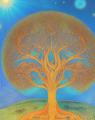 A painting of a tree with a bright and blue sky in the background