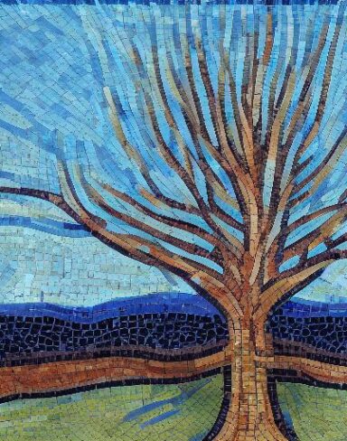 A painting of a tree with a sky in the background