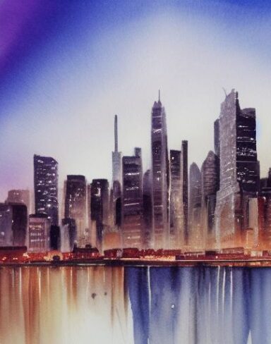 A painting of a view of a city and buildings at night with sky