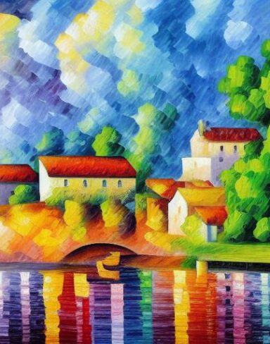 A painting of a village near river