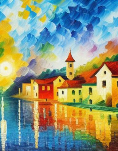 A painting of a village with water