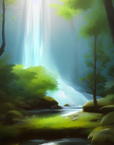 A painting of a waterfall in a forest