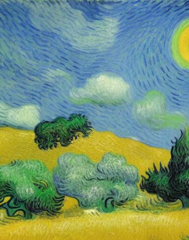 A painting of a wheatfield with cypress trees and blue sky