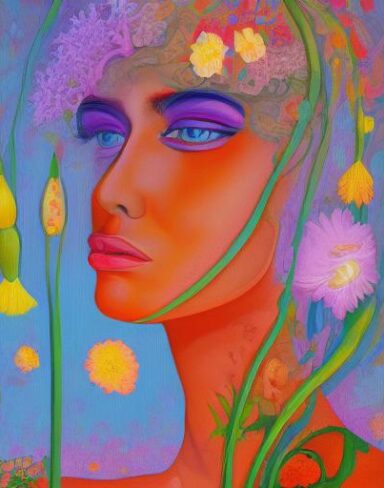 A painting of a woman and spring flowers