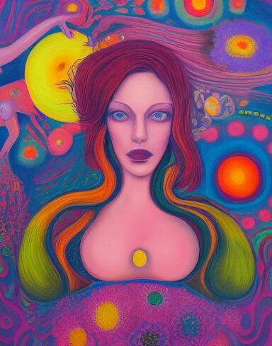 A painting of a woman and spring flowers