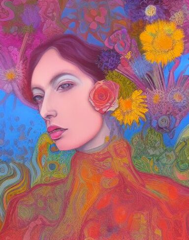 A painting of a woman and with flowers nearby