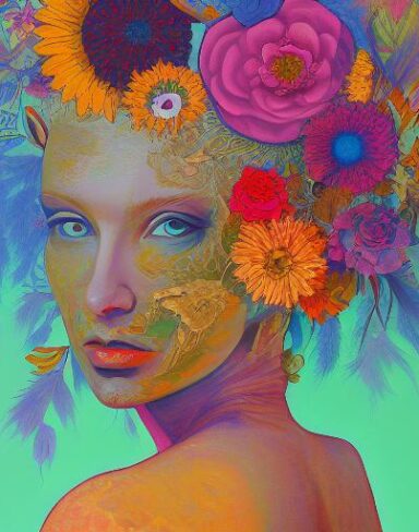 A painting of a woman and with plenty of flowers