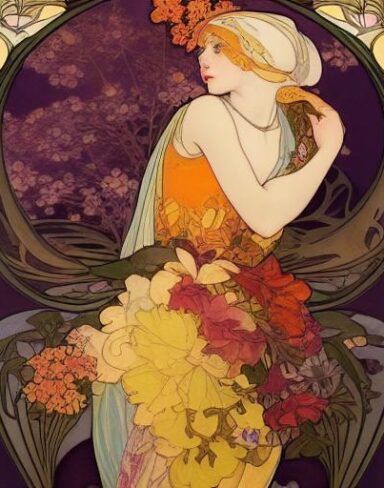 A painting of a woman holding a flowers
