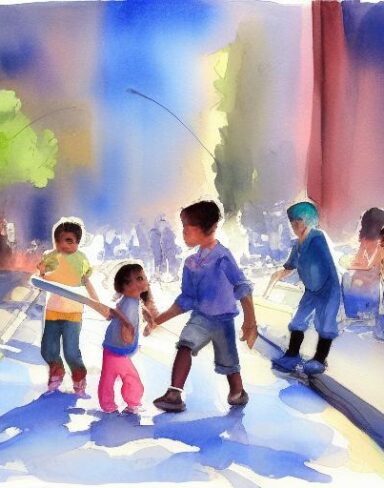 A painting of children playing along a city street