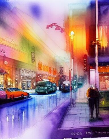 A painting of city street with lights