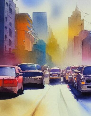 A painting of city street with many cars