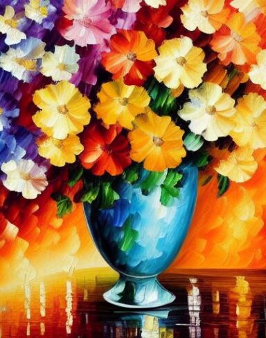A painting of colorful floral in a vase on a table