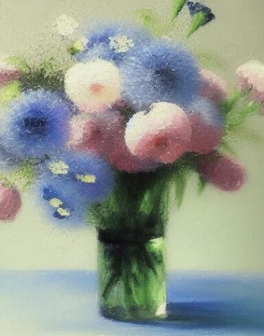 A painting of flowers in a blue vase