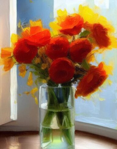 A painting of flowers in a vase on a window side