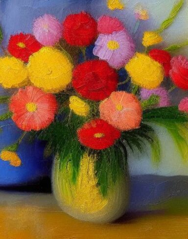 A painting of flowers in a vase on the table