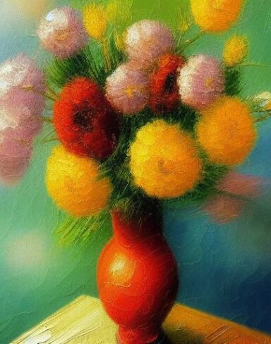 A painting of flowers in a vase on the table