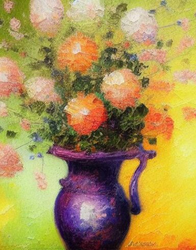 A painting of flowers in the vase